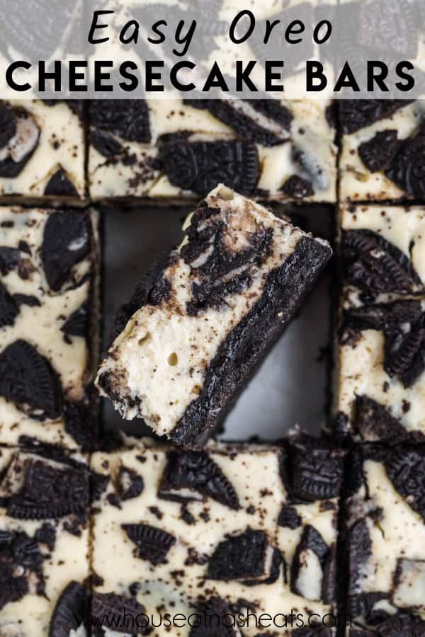 A close up image of an Oreo cheesecake bar on its side with text overlay.