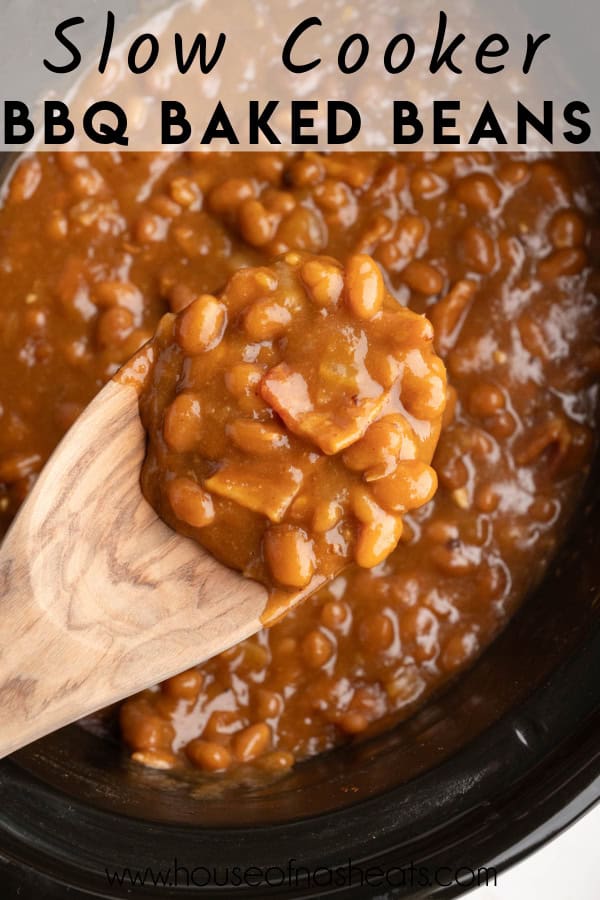 A wooden spoon lifting a scoop of slow cooker baked beans with text overlay.