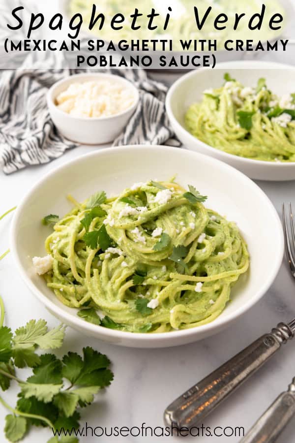 A bowl of spaghetti verde with text overlay.