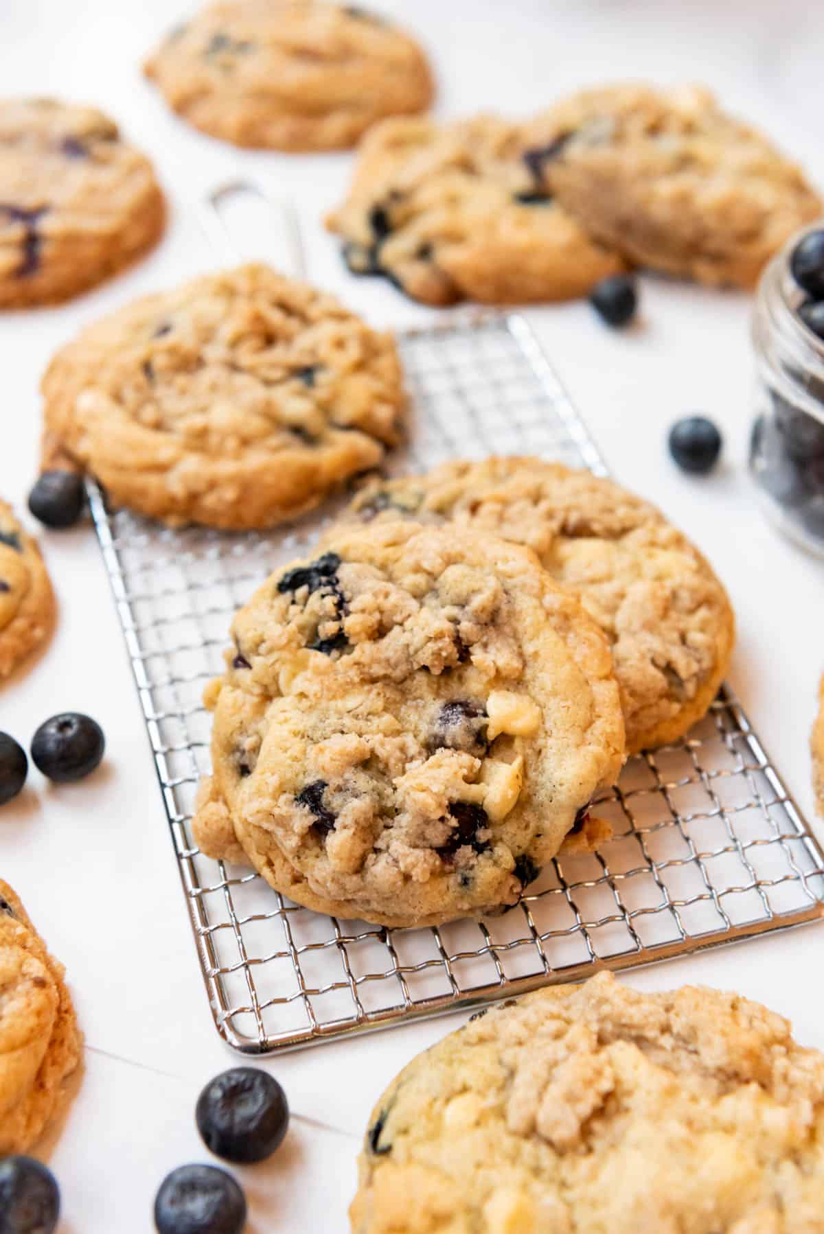 An image of blueberry muffin cookies with blueberries scattered around.