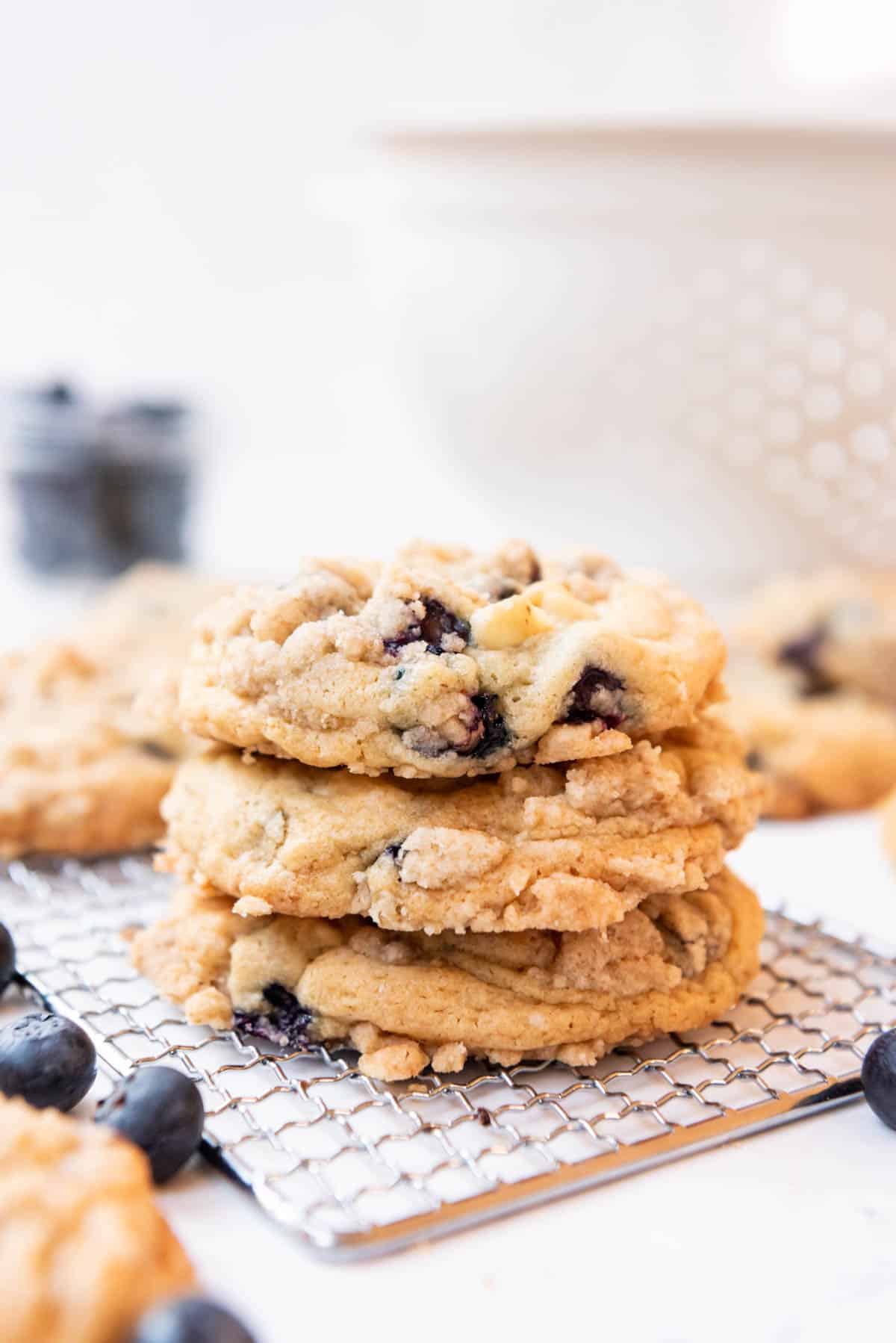 Stacked blueberry muffin cookies.