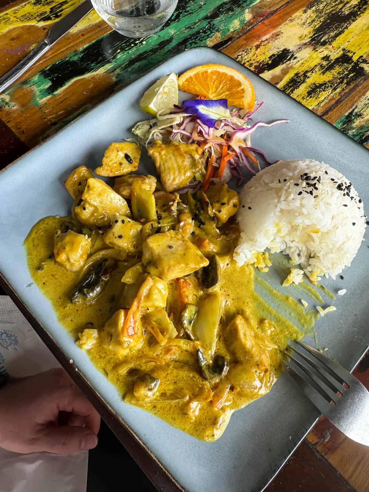 An image of chicken curry and rice at the Bora Bora Beach Club.