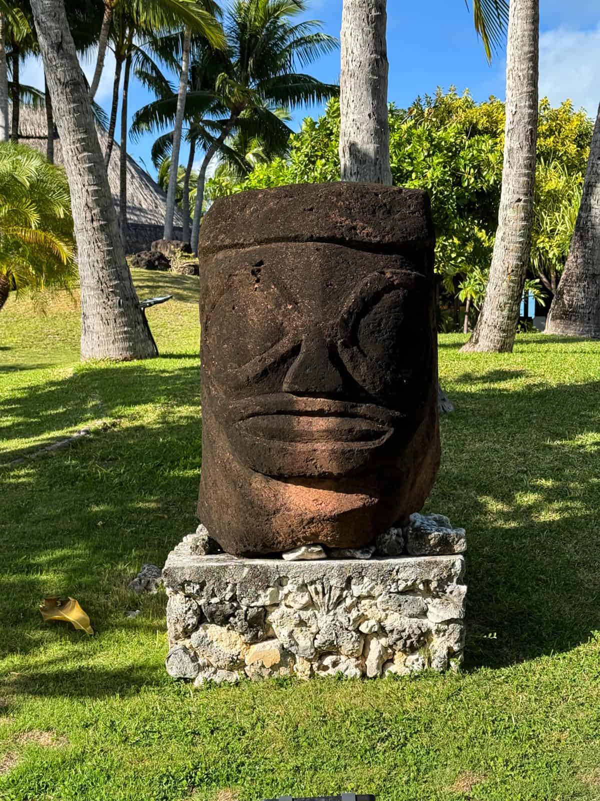 An image of a carved stone statue in Bora Bora.