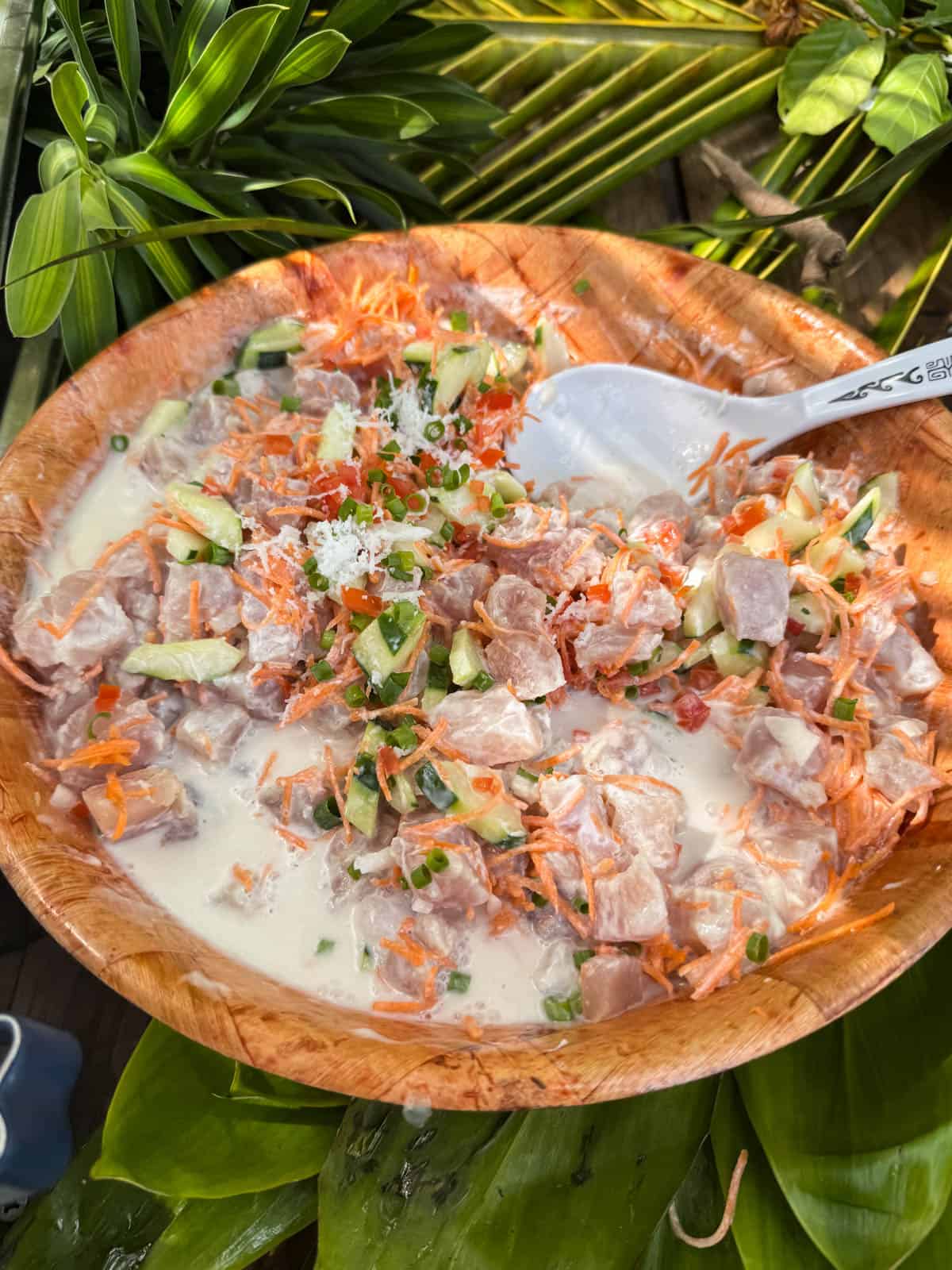 An image of a large bowl of Tahitian poisson cru.