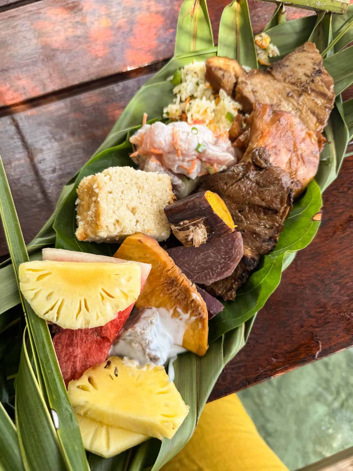 An image of a plate of food at a polynesian lunch in Bora Bora.