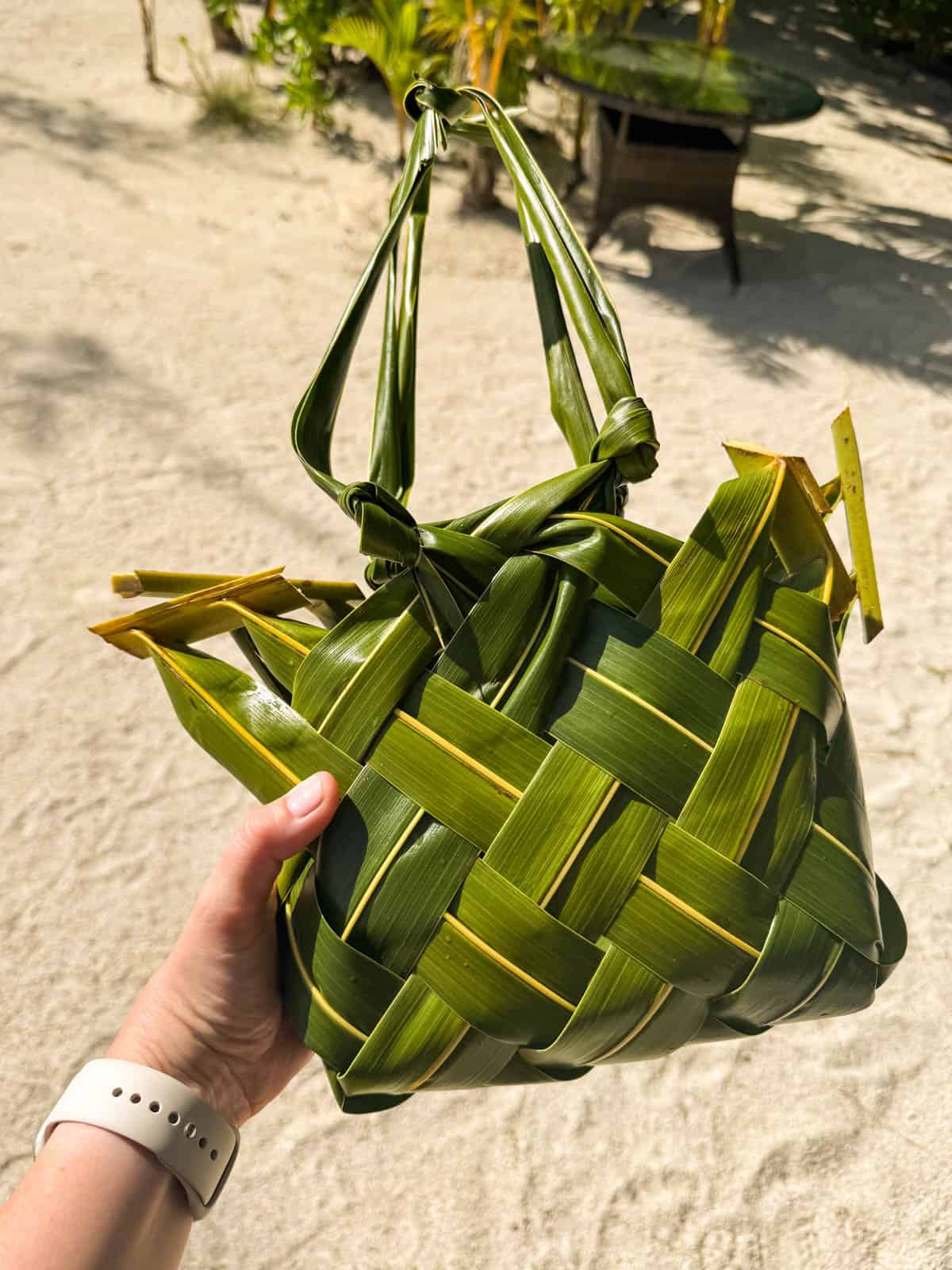 An image of a woven purse made from palm fronds.