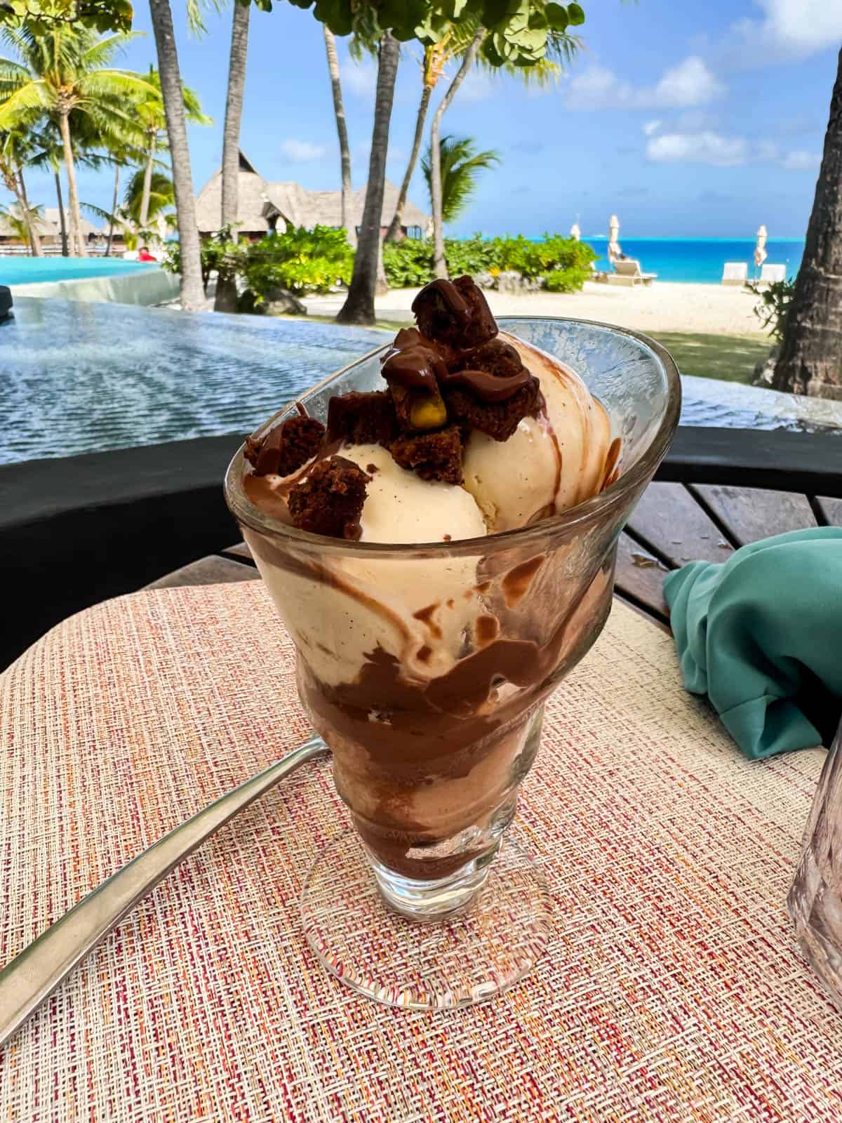 An image of a brownie sundae at the Conrad resort in Bora Bora.