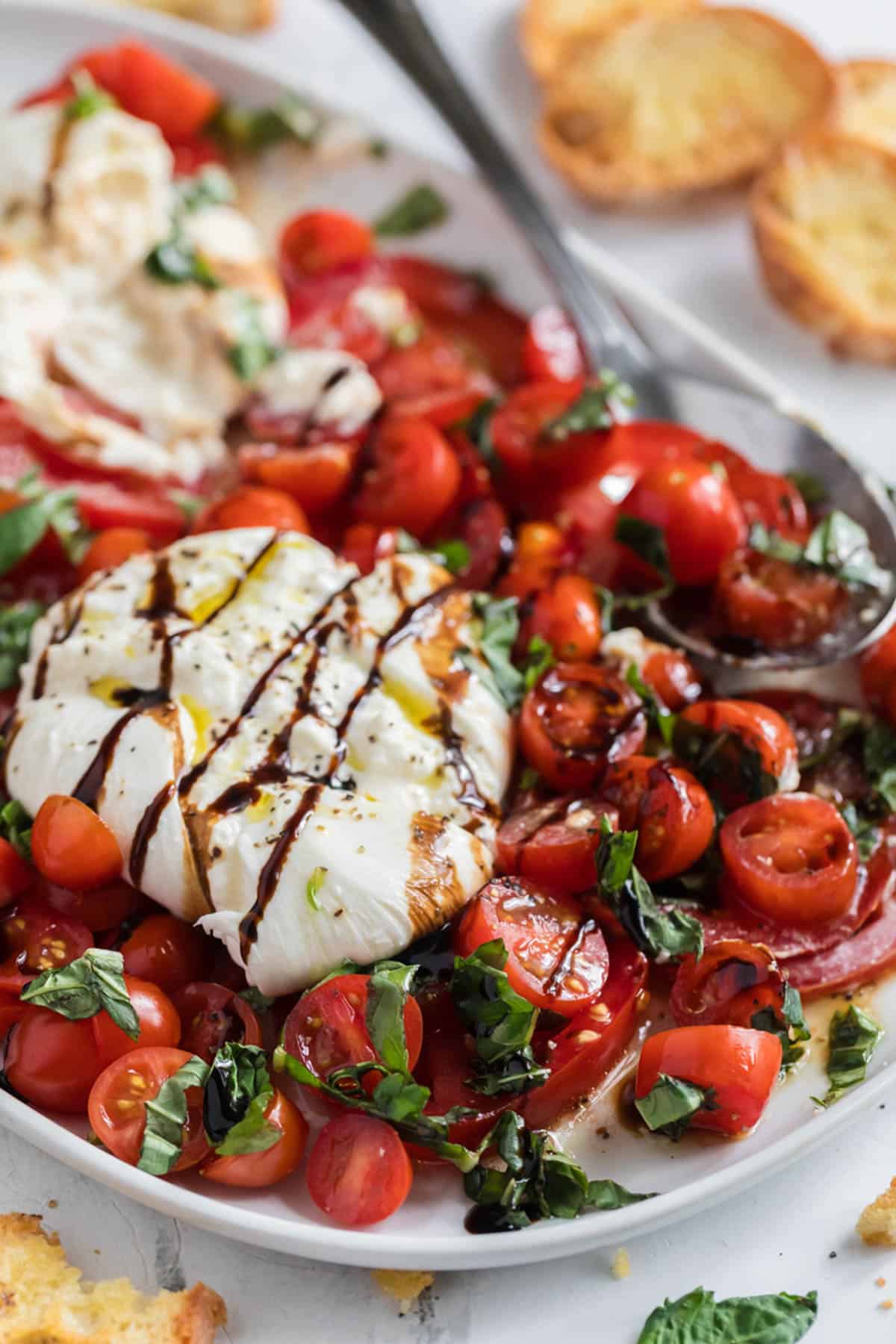 A side view of a ball of burrata cheese on sliced tomatoes with basil and balsamic.