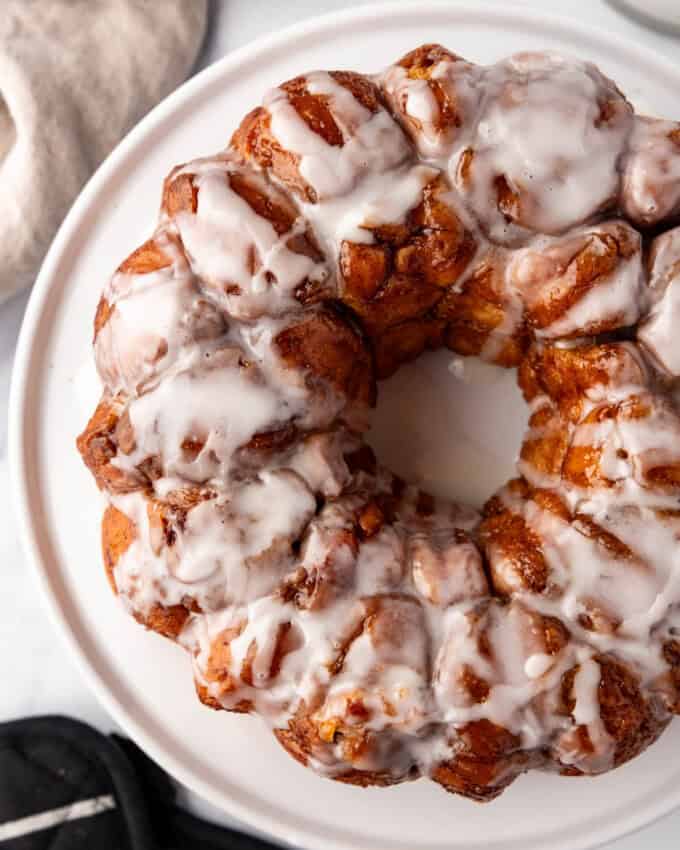 A close overhead image of sticky, gooey monkey bread.