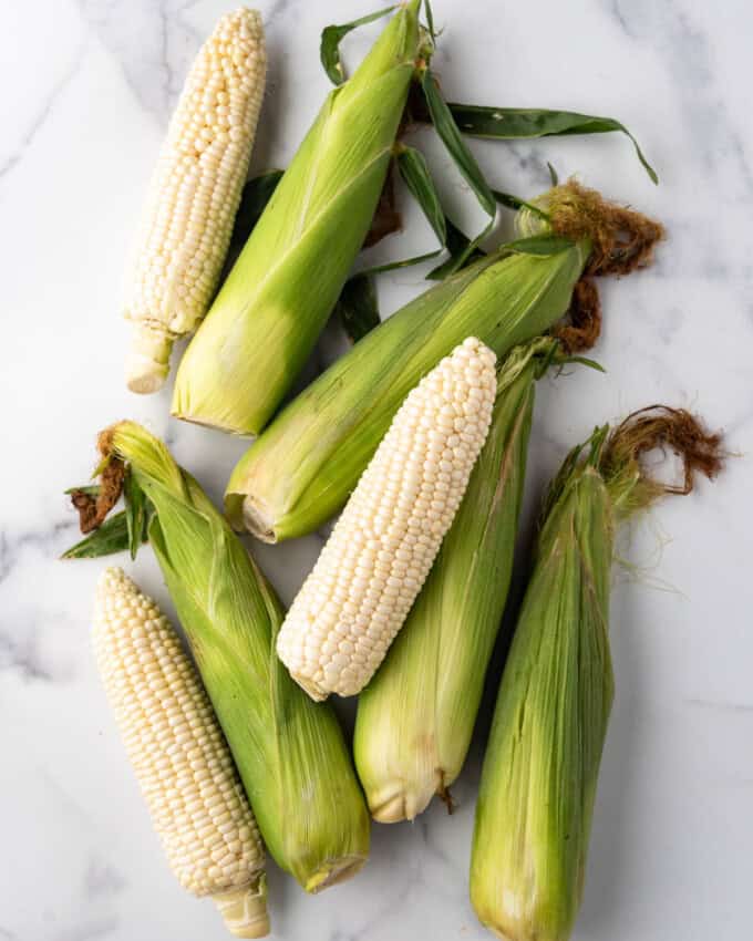 An overhead image of ears of corn on the cob with some of the in their green husks and others that have been shucked.