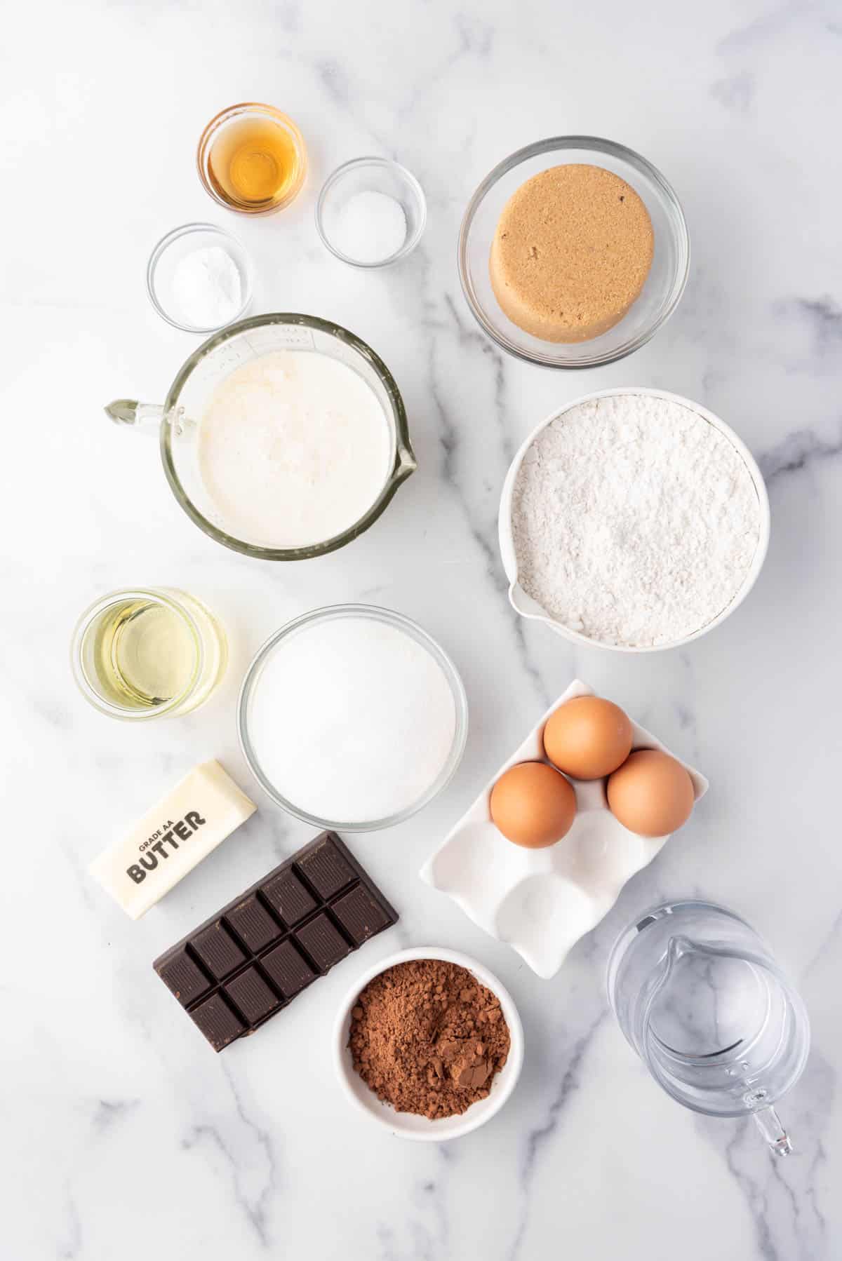 Ingredients for making homemade chocolate cake.