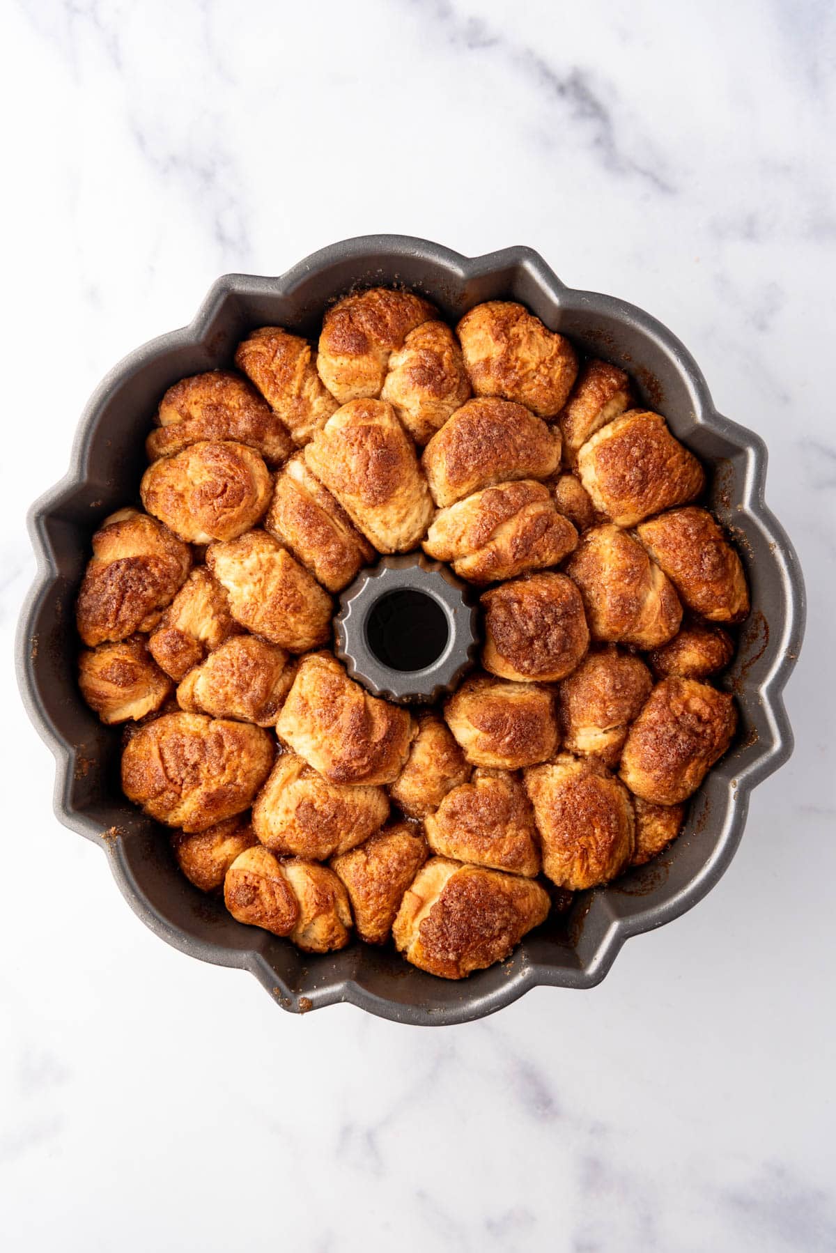 Baked monkey bread in a bundt pan.