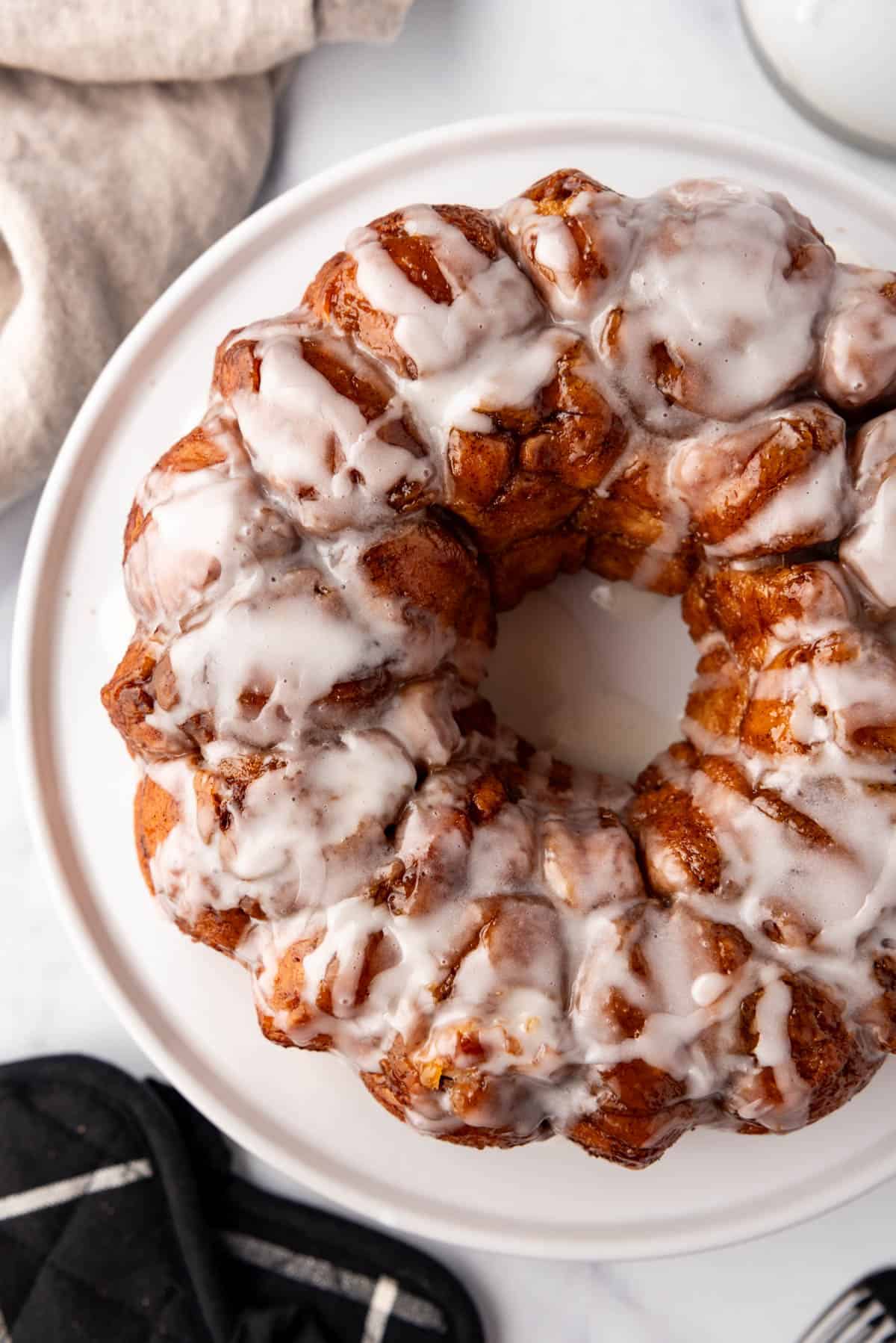 A close overhead image of sticky, gooey monkey bread.