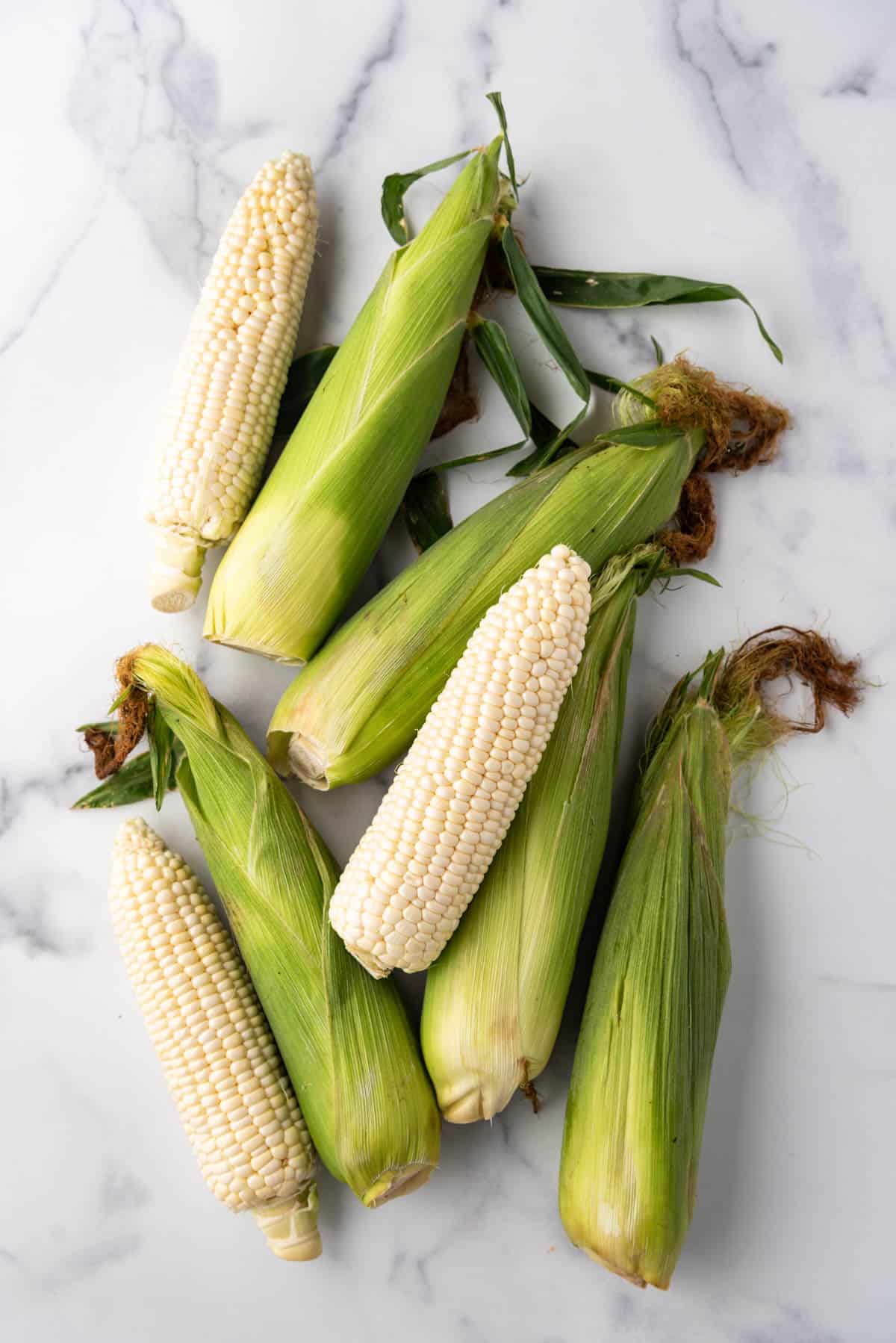 An overhead image of ears of corn on the cob with some of the in their green husks and others that have been shucked.