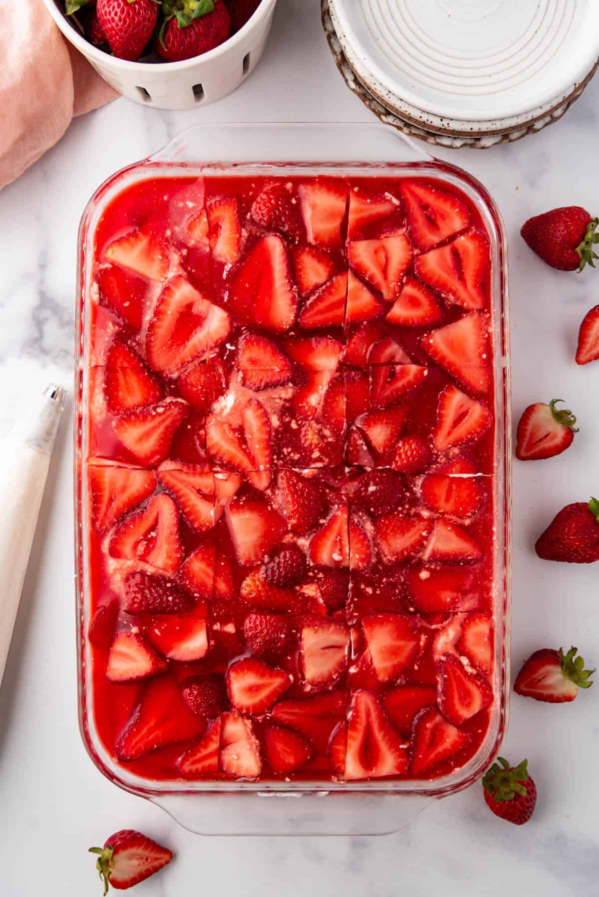 An overhead image of strawberry jello pretzel salad.