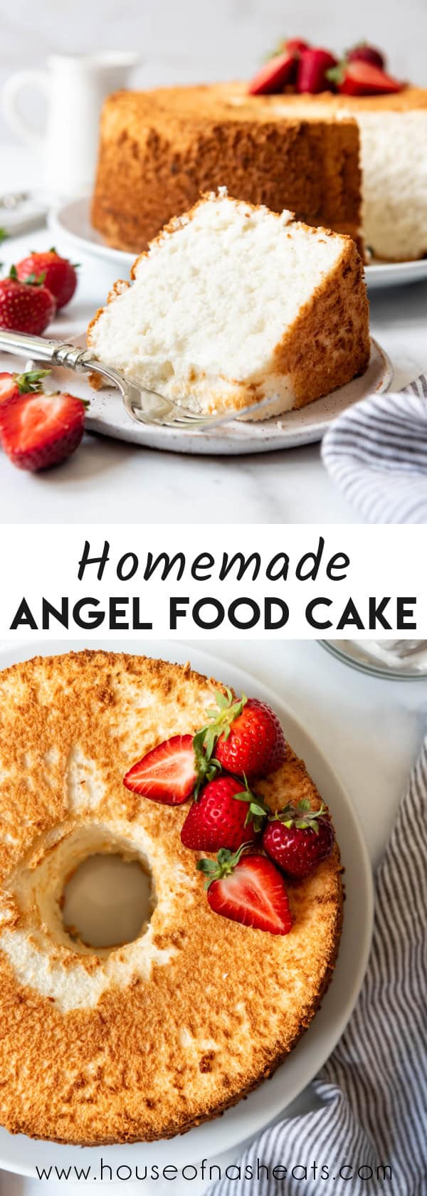 A collage of images of angel food cake with text overlay.