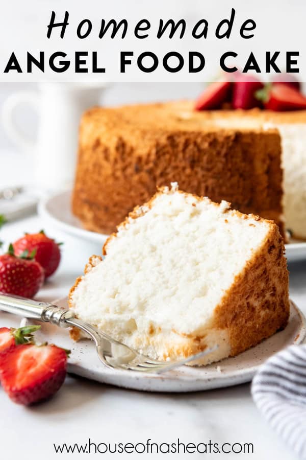 A slice of angel food cake on a plate with text overlay.