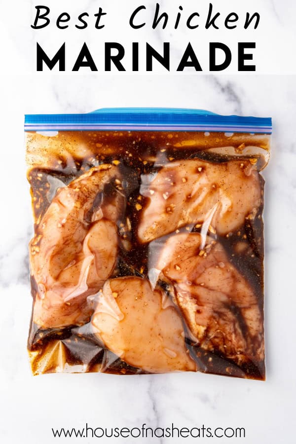 An image of a bag of chicken breasts in a plastic ziploc bag of marinade with text overlay.