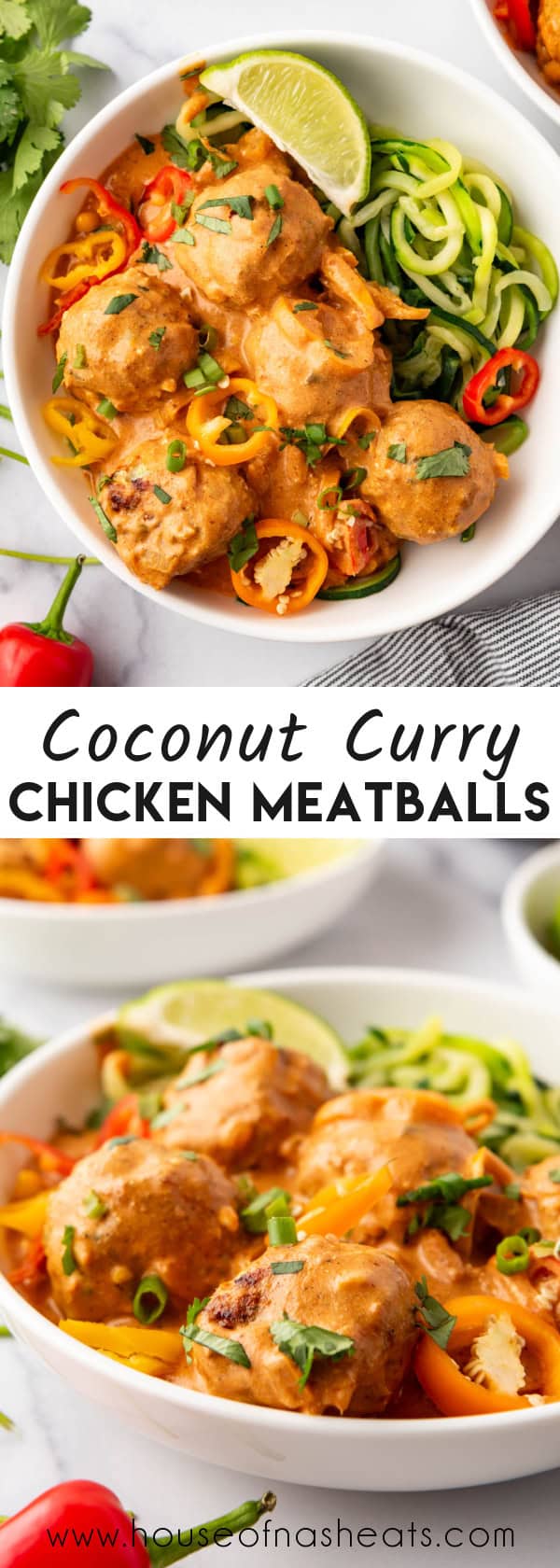 A collage of images of coconut curry chicken meatballs with text overlay.