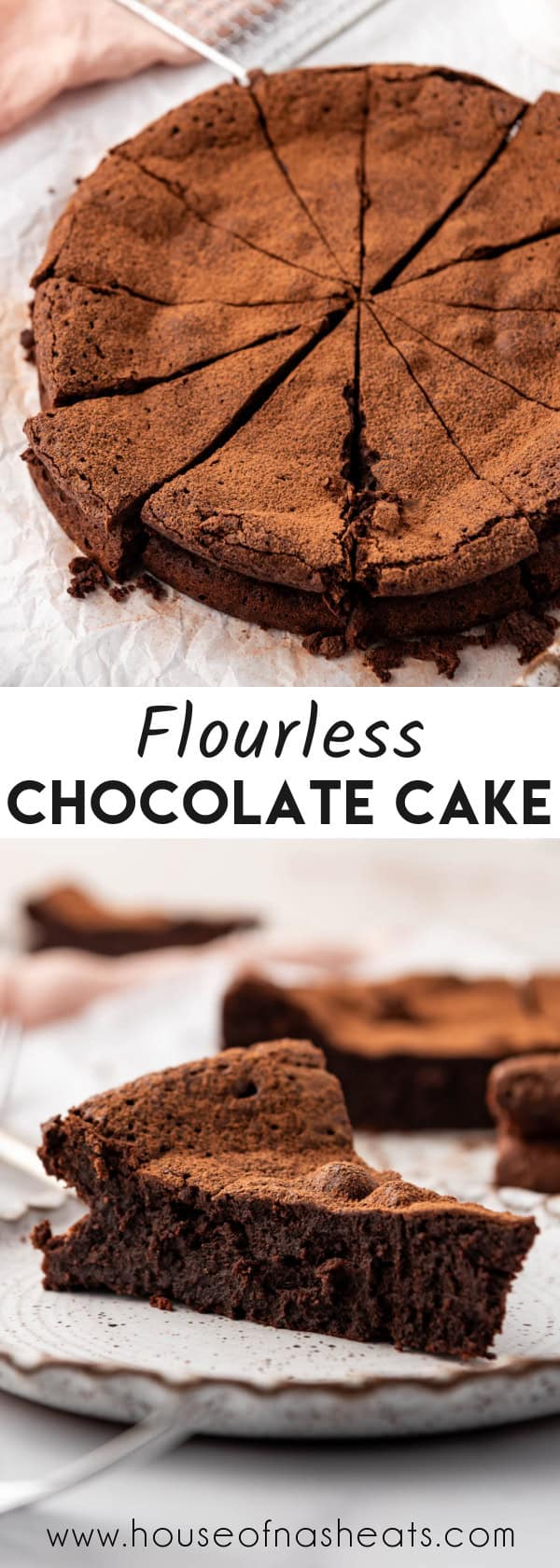 A collage of images of flourless chocolate cake with text overlay.