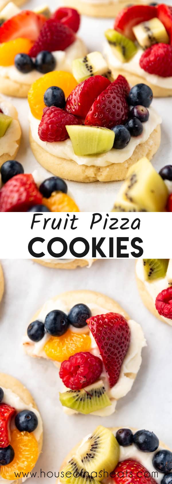 A collage of images of fruit pizza cookies with text overlay.