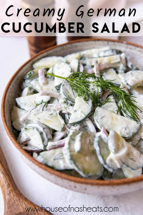 A side view of a bowl of German cucumber salad with text overlay.