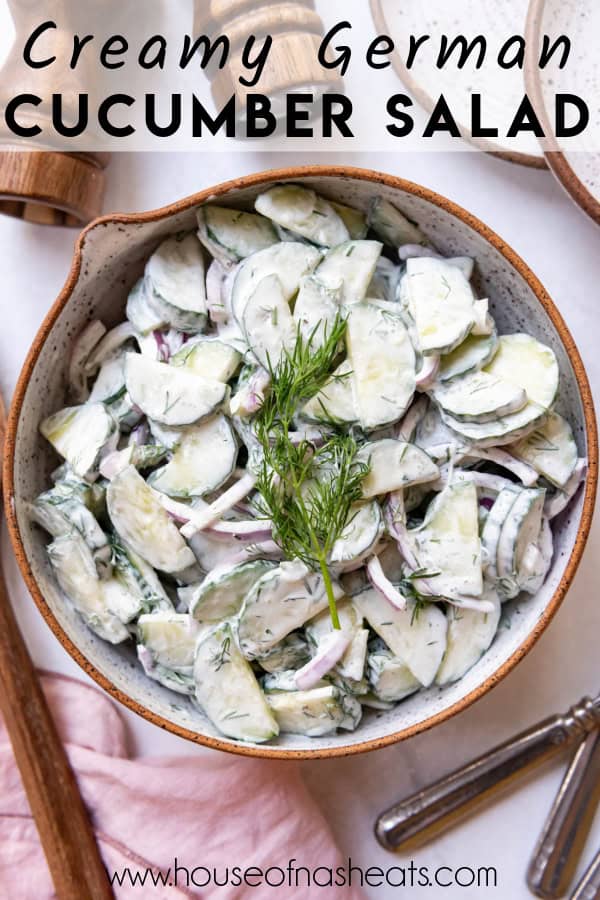 An overhead image of a bowl of German cucumber salad with text overlay.