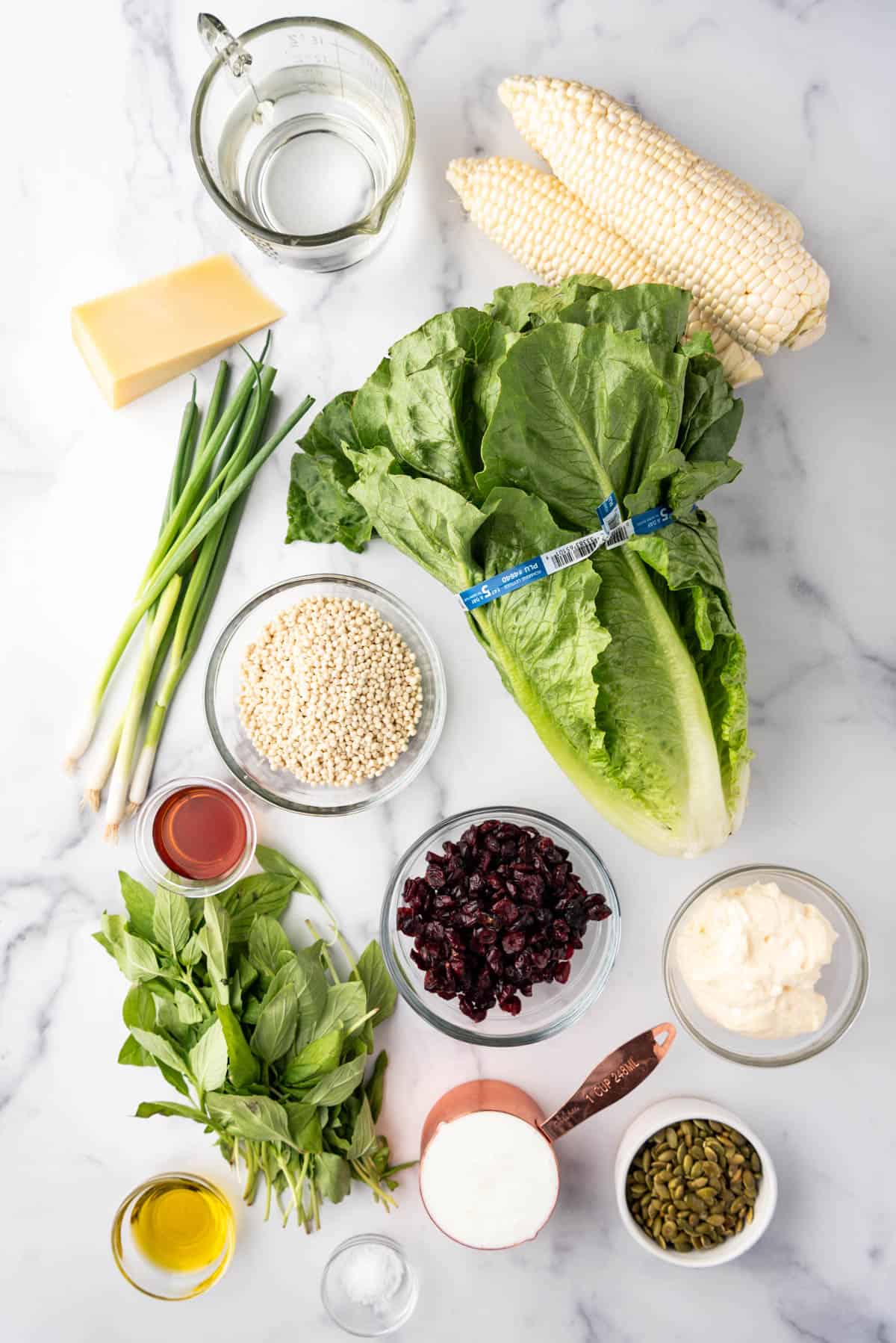 Ingredients for making basil couscous salad.