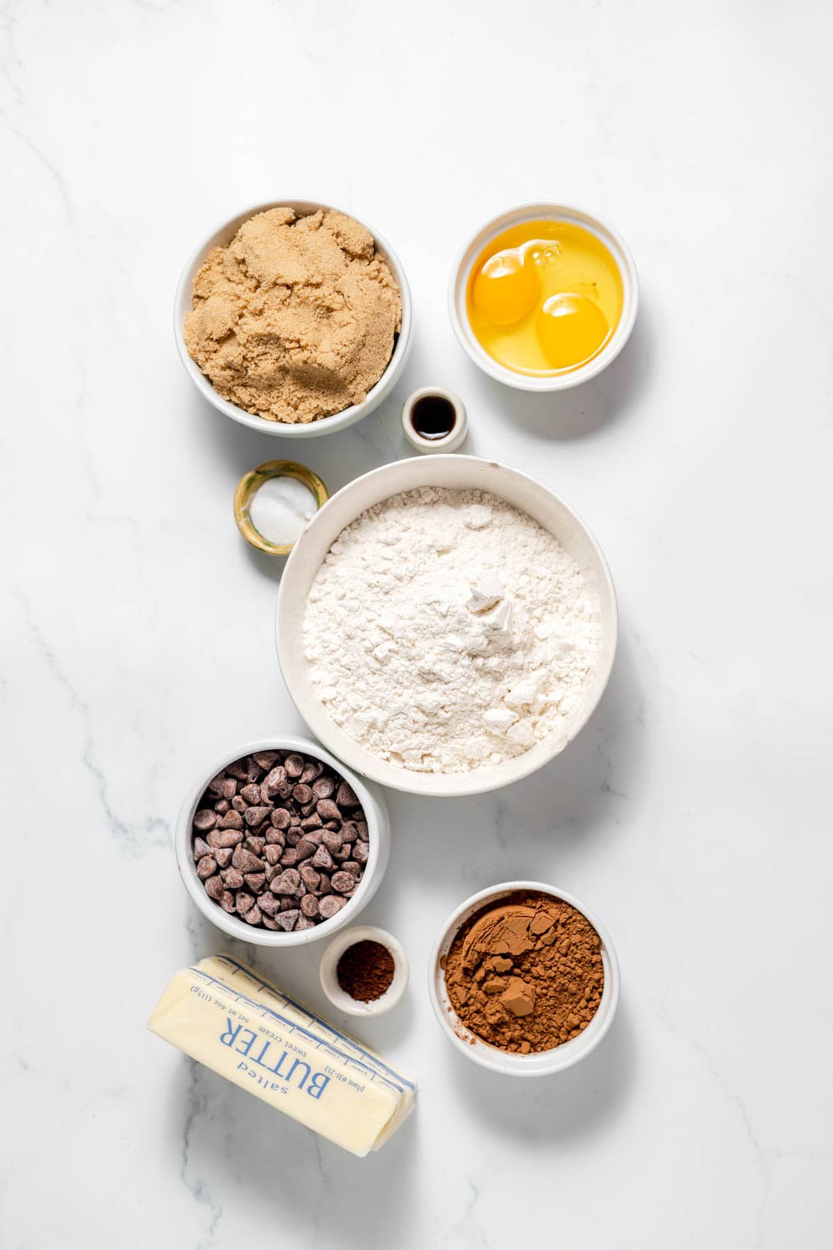 Ingredients for a chocolate skillet cookie.