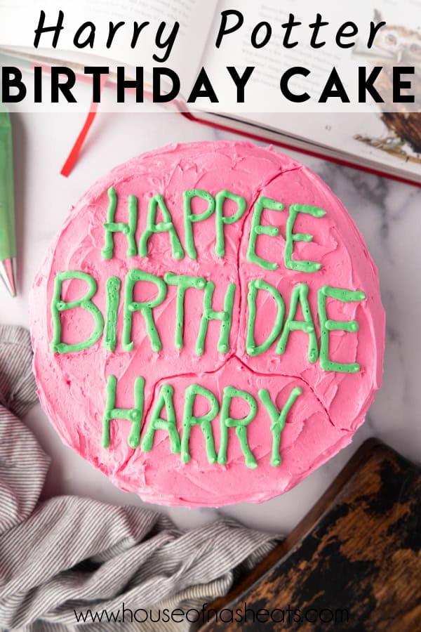 A cake with pink and green frosting and a message on top that says "happee birthdae harry" with text overlay.