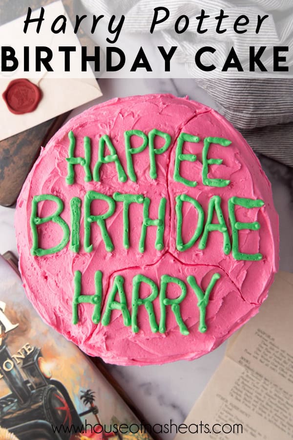 An overhead image of a Harry Potter birthday cake with text overlay.