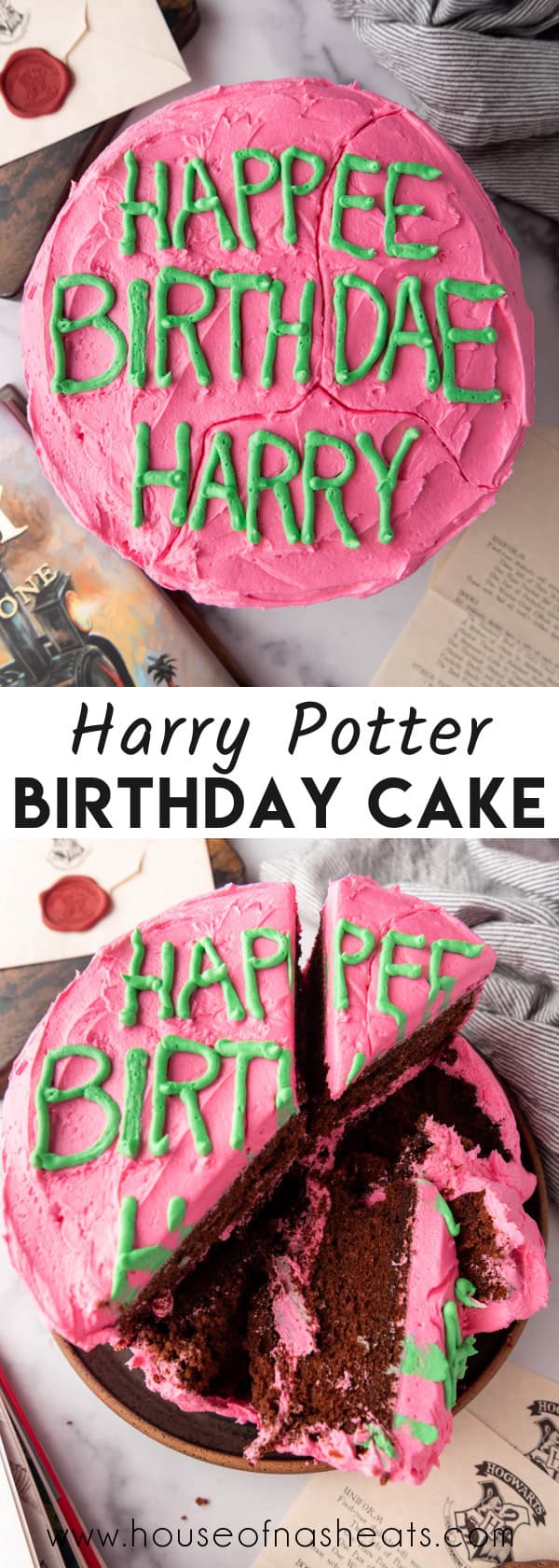 A collage of images of a Harry Potter birthday cake with text overlay.