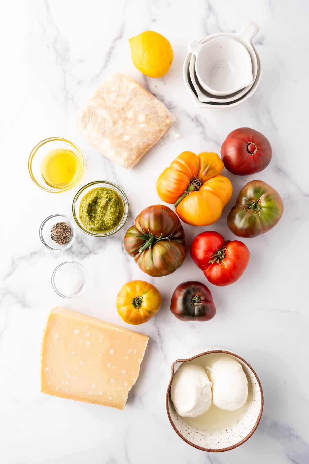 Ingredients for making an heirloom tomato galette.