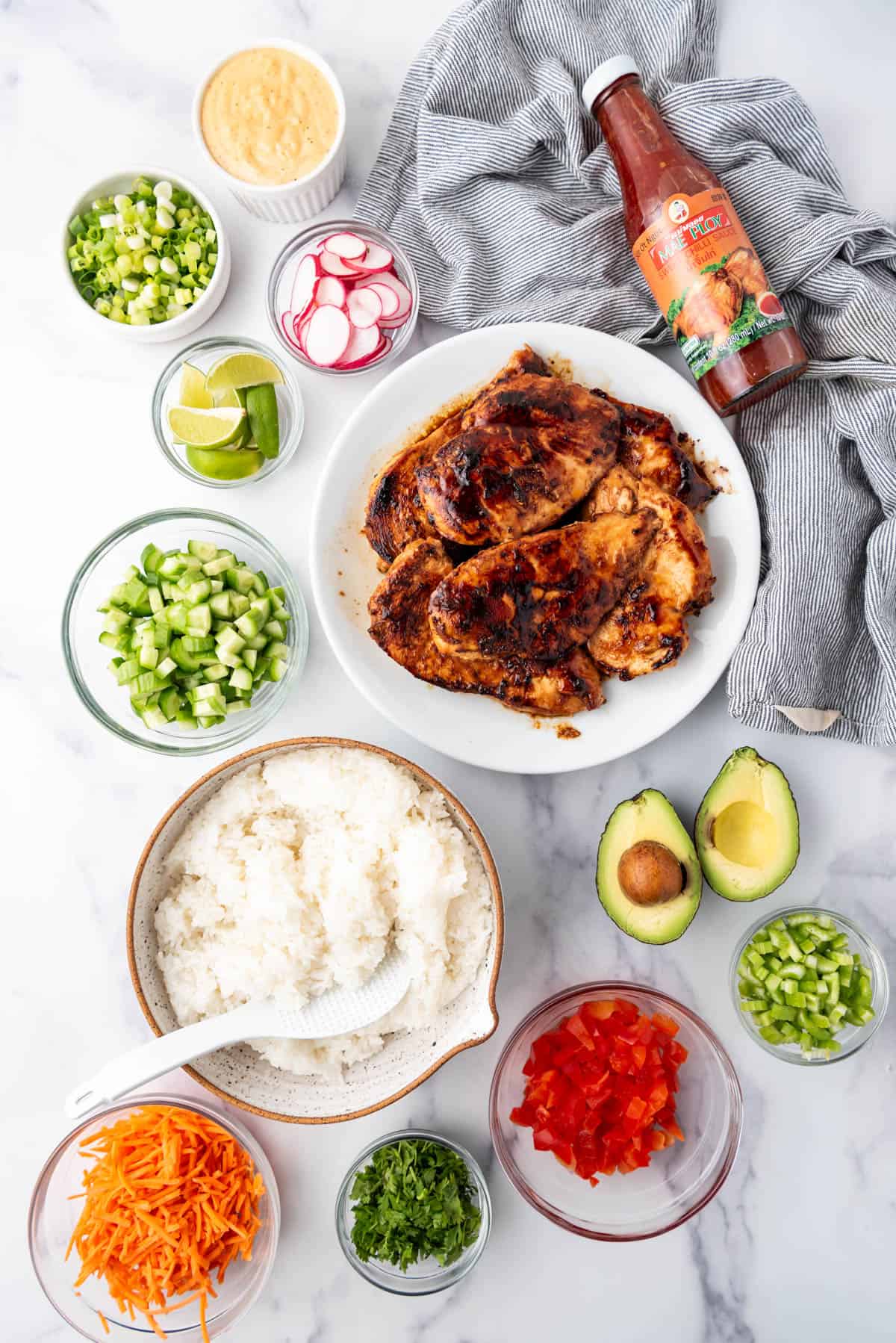 Ingredients for Huli Huli chicken and rice bowls.