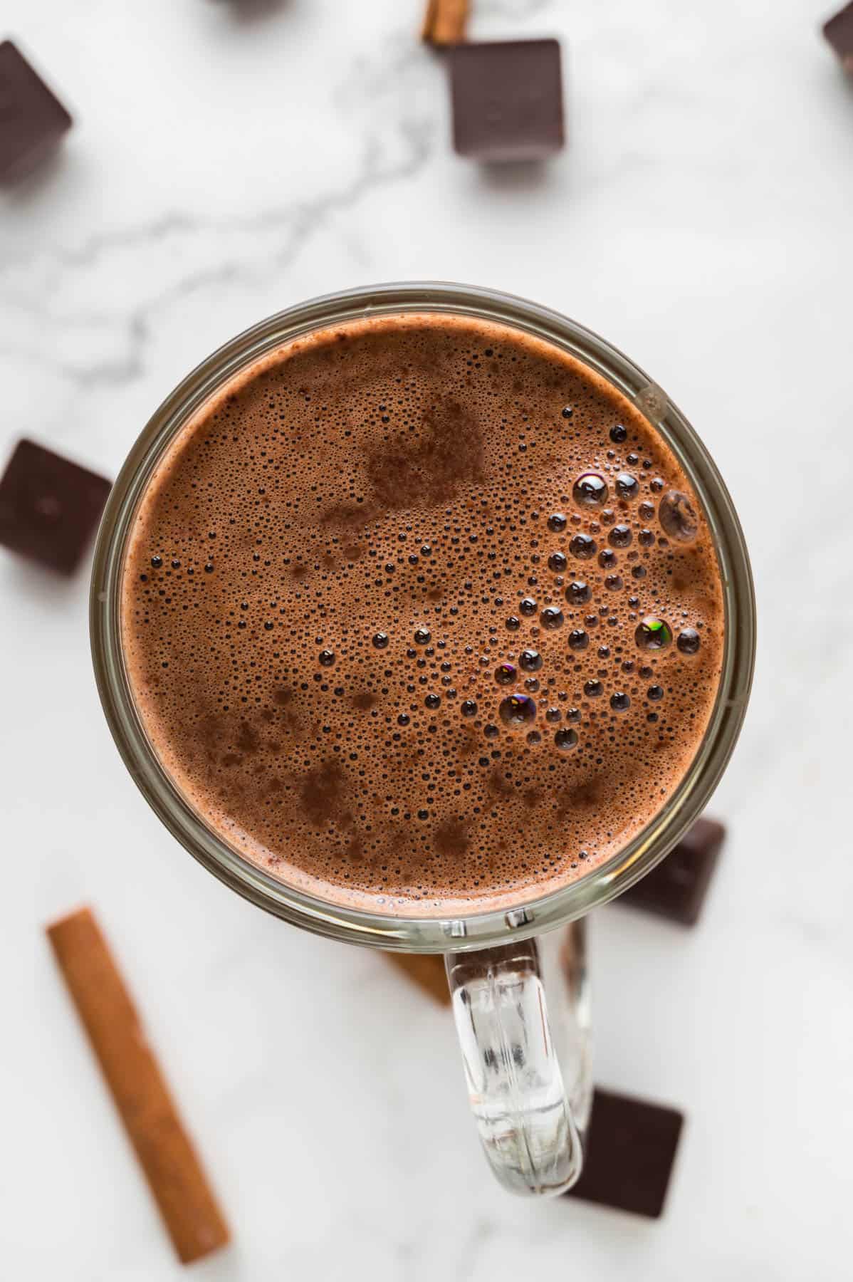 An overhead image of a mug of Mexican hot chocolate.