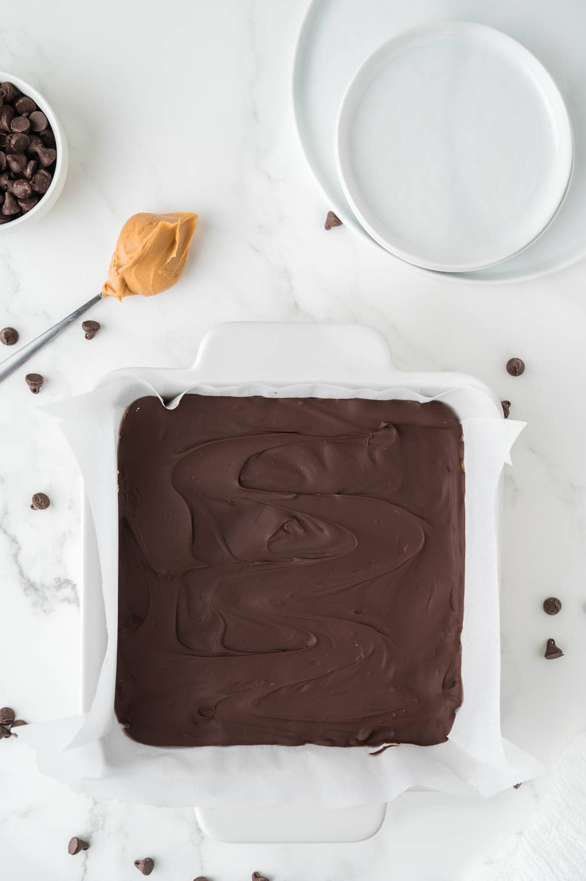 An overhead image of no-bake peanut butter bars after they have had a chance to chill and firm up in the fridge.