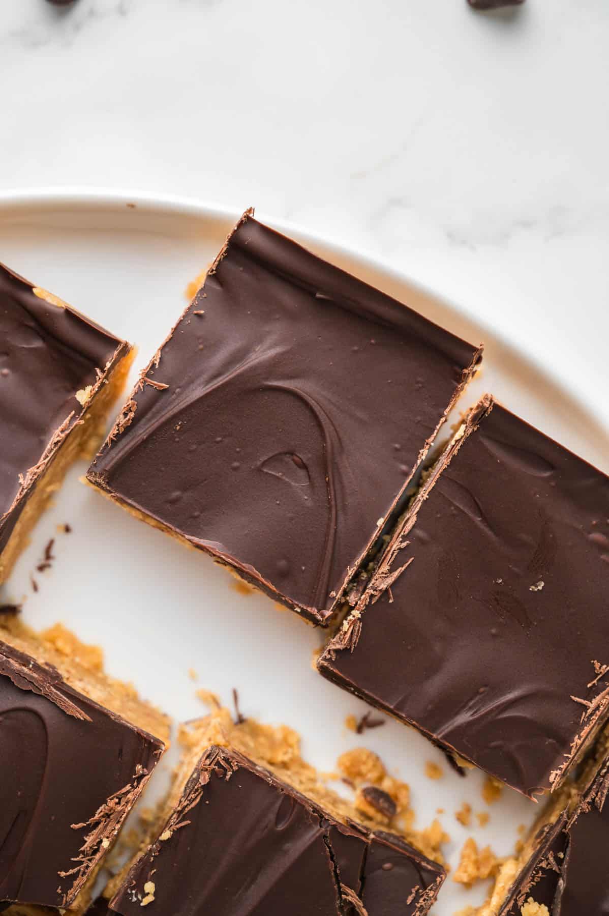 An overhead image of no-bake peanut butter bar squares.