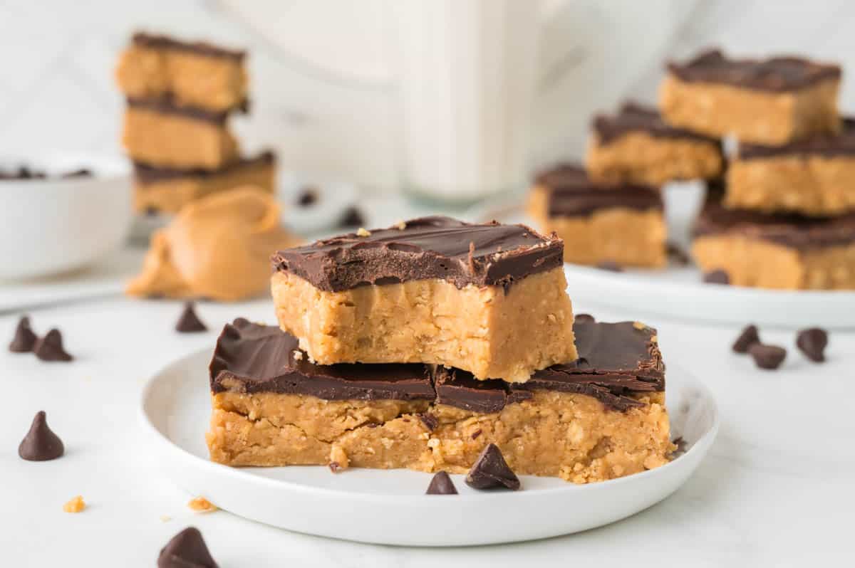 Stacks of no-bake peanut butter bars.