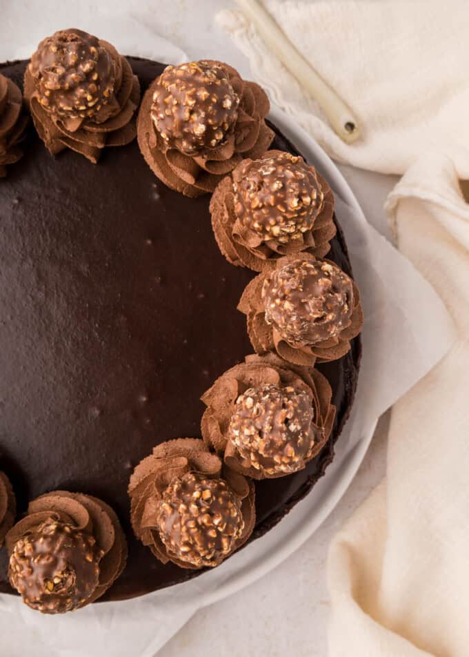 An overhead image of half of a Nutella cheesecake.