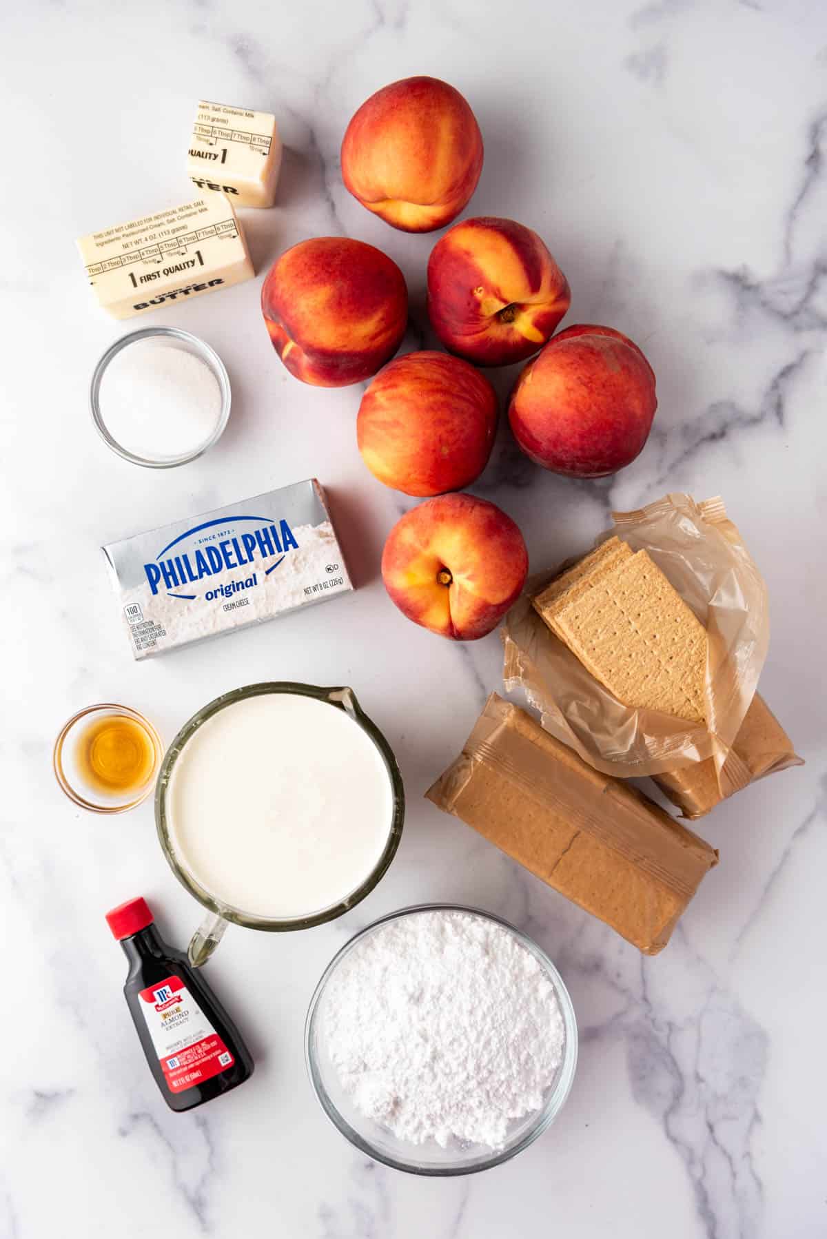 Ingredients for making fresh peaches and cream dessert.