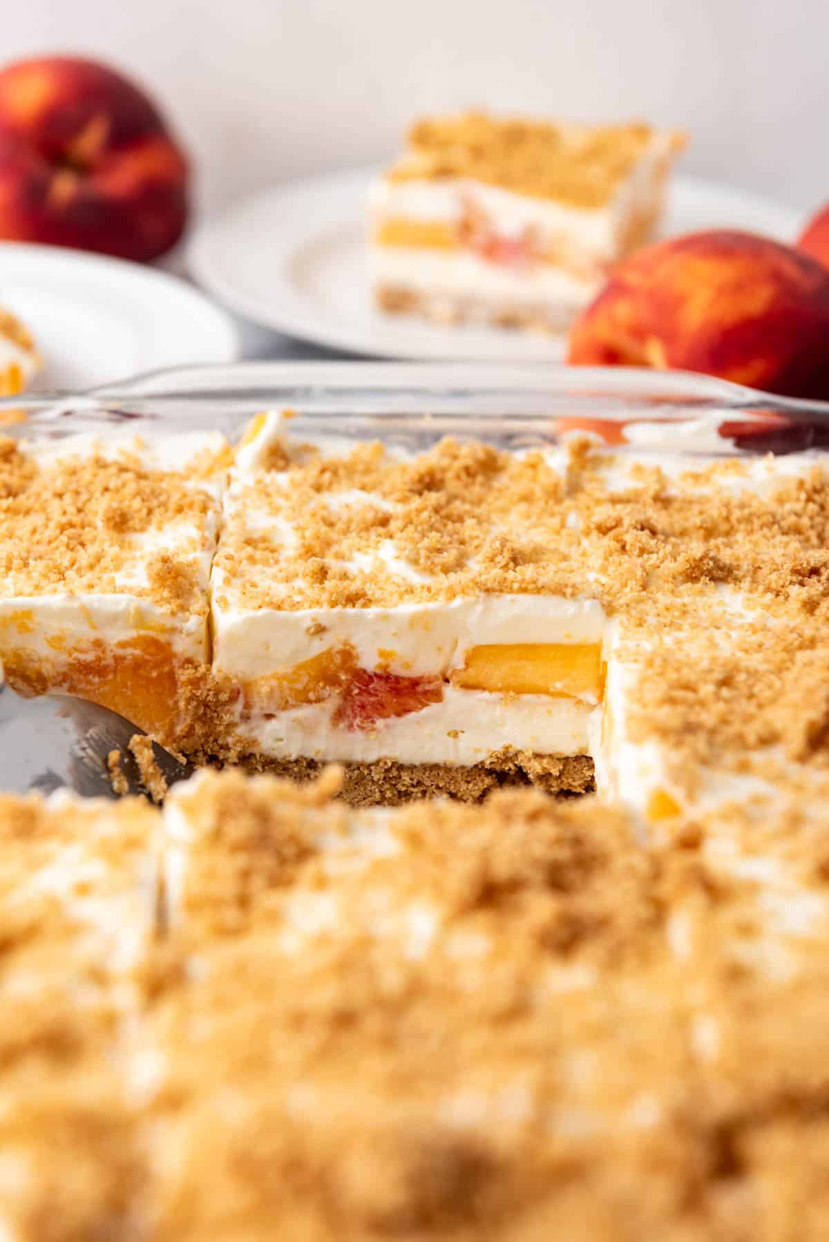 A cross section of a slice of peaches and cream delight dessert in a large pan.