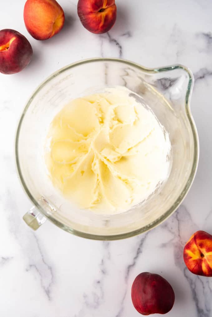 Creamed cream cheese and powdered sugar in a large mixing bowl.