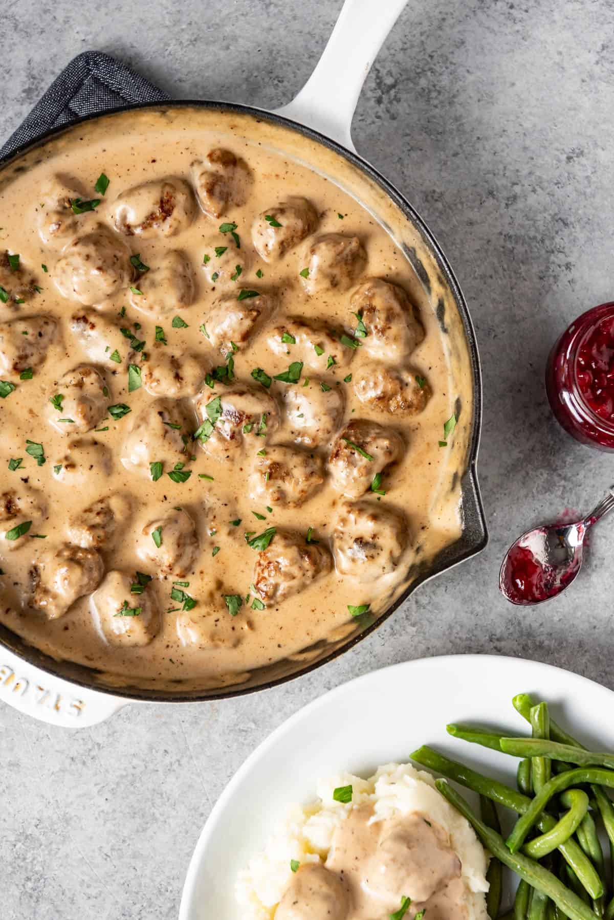 An image of a pan full of homemade Swedish meatballs made from beef and pork.