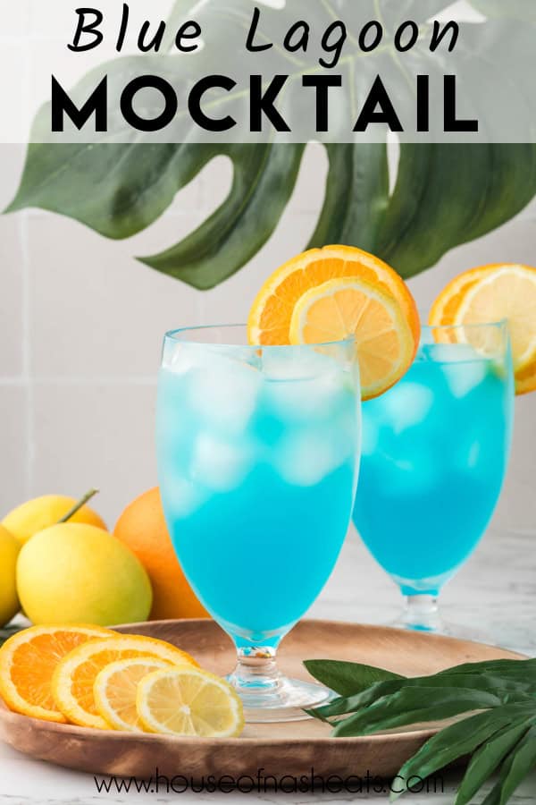 Glasses of blue lagoon mocktail with text overlay.