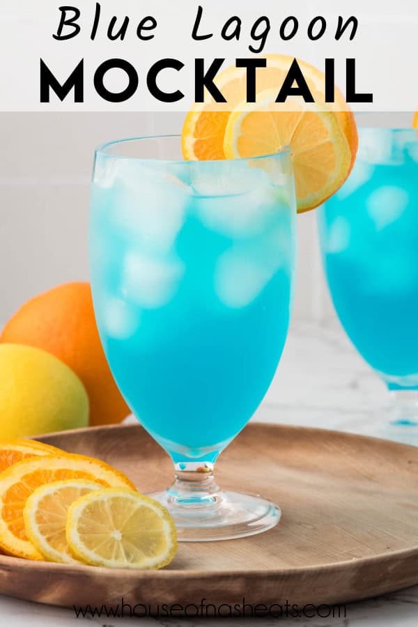 A blue lagoon mocktail with text overlay.