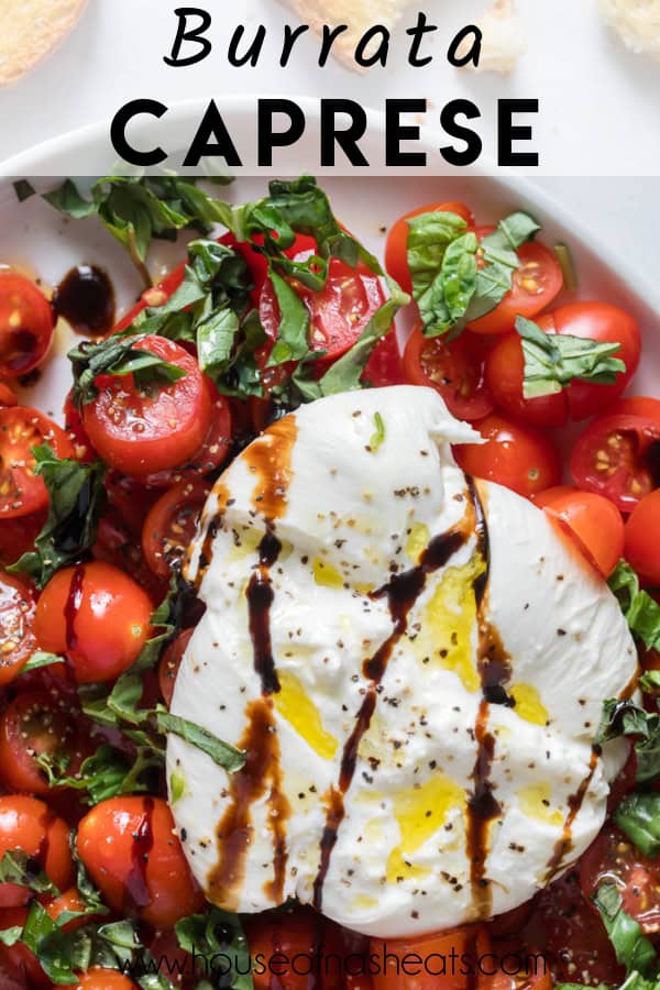 A close image of a ball of burrata cheese drizzled with balsamic reduction and olive oil with text overlay.