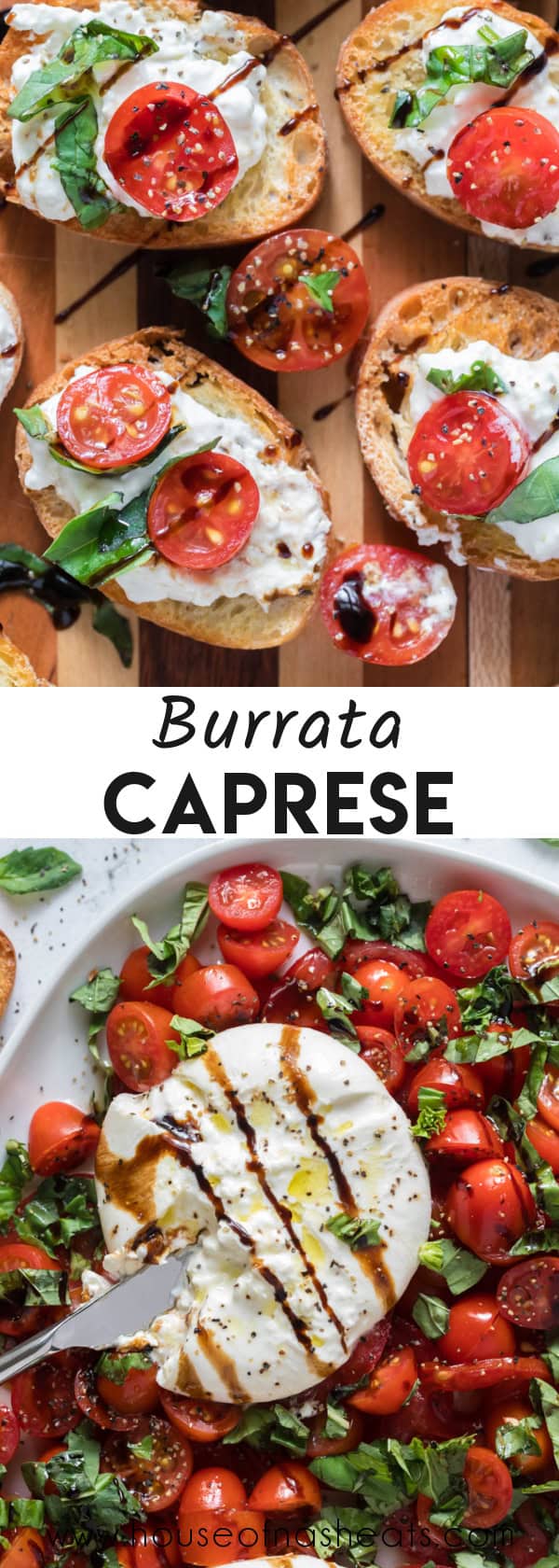 A collage of images of burrata caprese with text overlay.