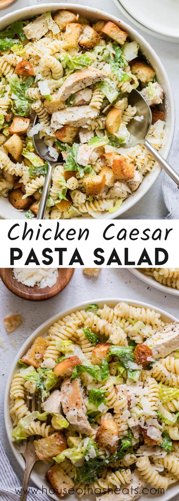 A collage of images of chicken caesar pasta salad with text overlay.