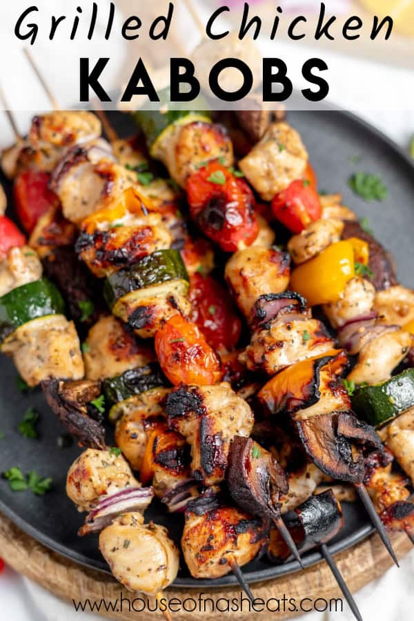 A close up image of grilled chicken kabobs with text overlay.