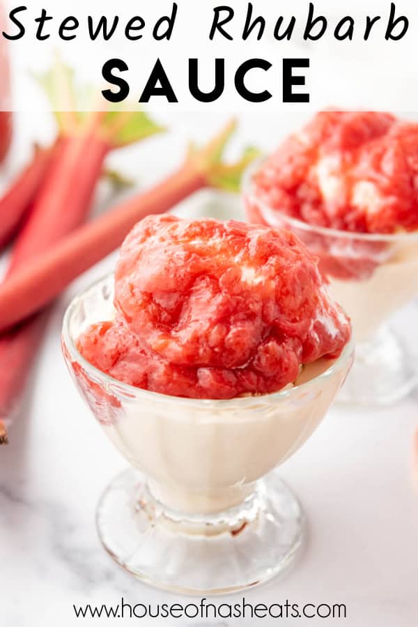 Rhubarb sauce on vanilla ice cream with text overlay.